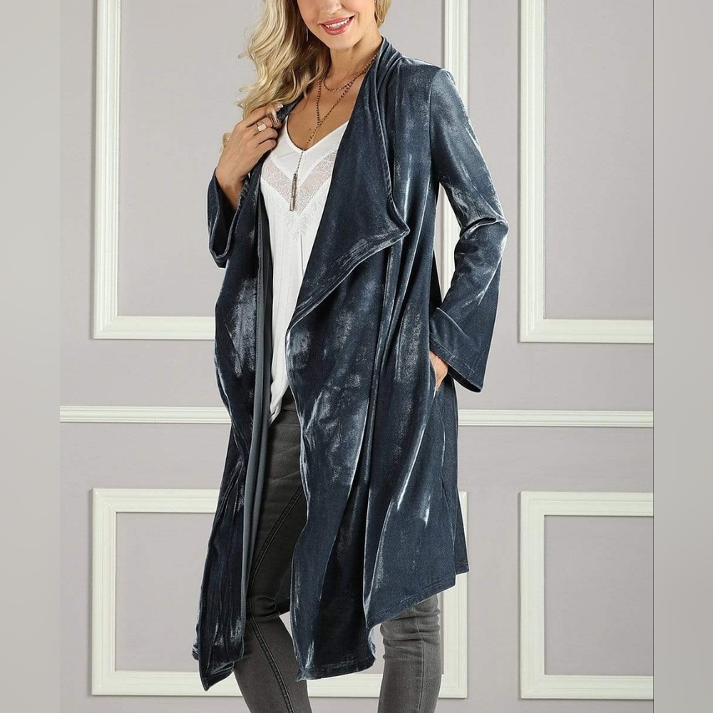 Suzanne Betro Blue Velvet Draped Duater Cardigan Long Boho Bohemian Formal - Picture 10 of 10